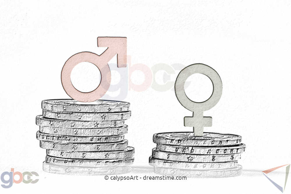Gender symbols on coins stacked at different heights as a symbol for unequal career opportunities